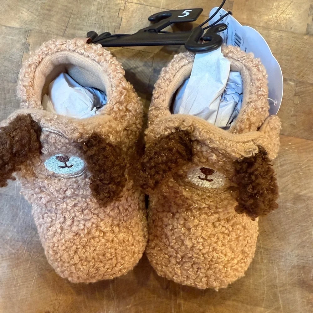 Plush Puppy Baby Slippers in Light Brown Sz 5 Velcro Warm Winter Slip on Shoe